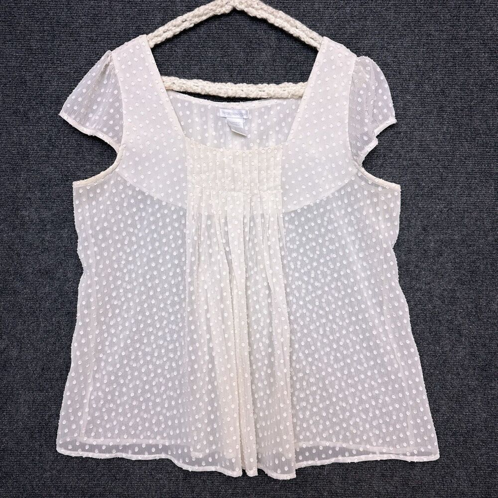 Worthington Women's Blouse Sheer Polka Dot Pleated Lightweight Boho Fairy L